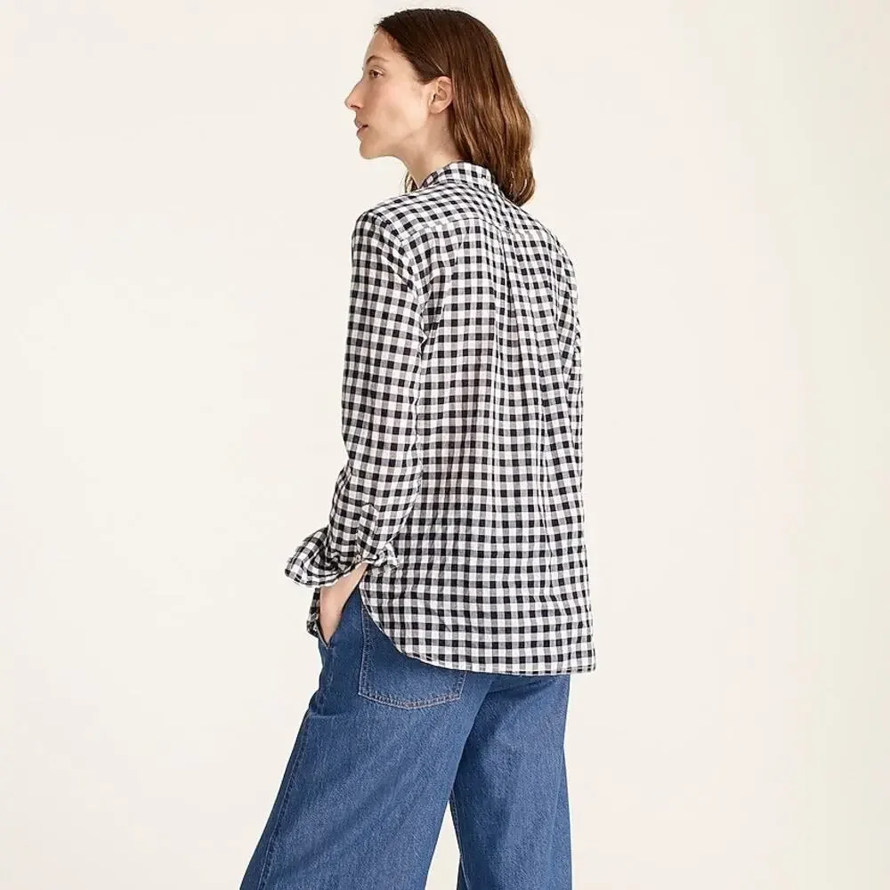 J. Crew Classic Fit Button Down Shirt in Crinkle Gingham Navy White Size 12